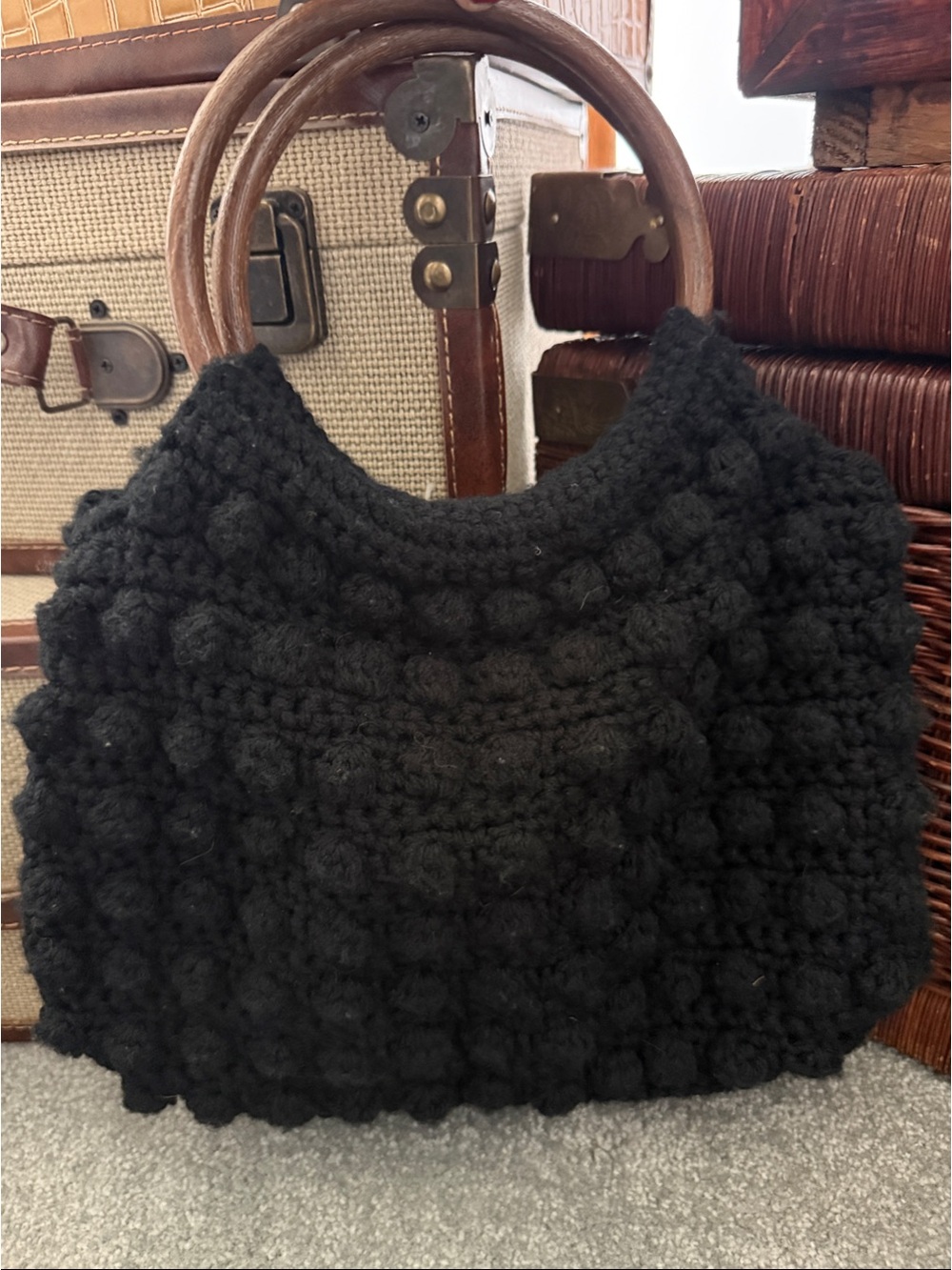 Handcrafted Black Pom-Pom Crochet Tote